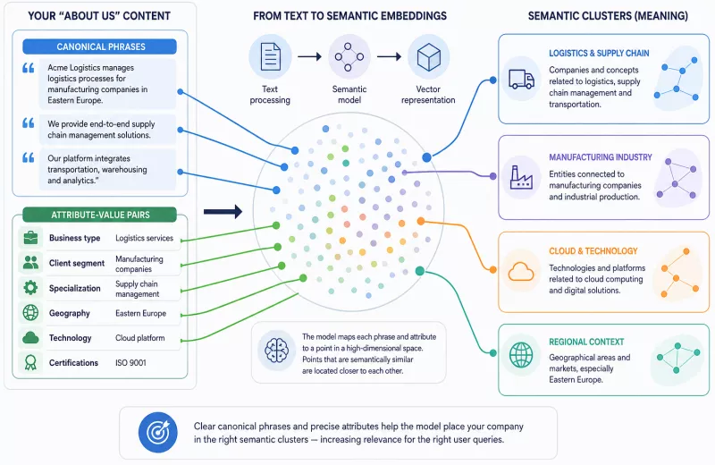 Schematic diagram showing how different canonical phrases and attributes map to different semantic clusters