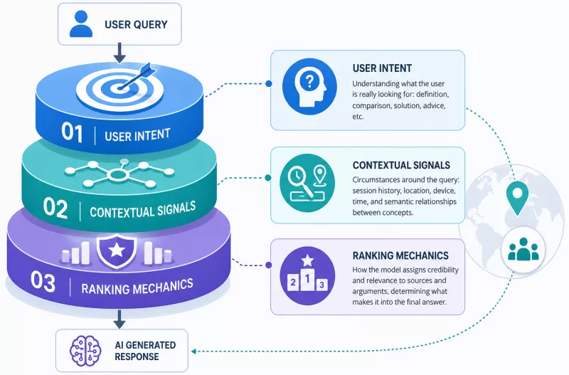 Layered diagram: user intent, contextual signals, ranking mechanics