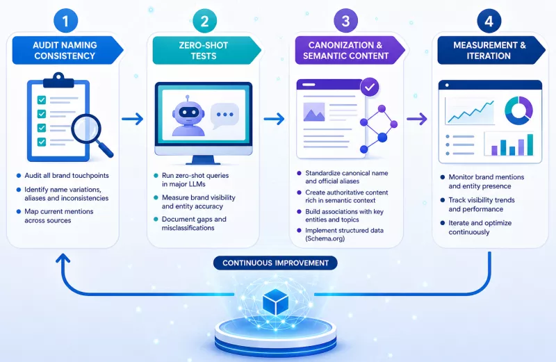 Flowchart: naming consistency audit → zero-shot tests → canonisation and semantic context building → measurement and iteration.