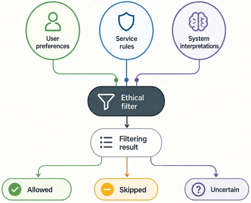 The diagram shows how user preferences, service rules and system interpretations can affect the result of offer filtering.