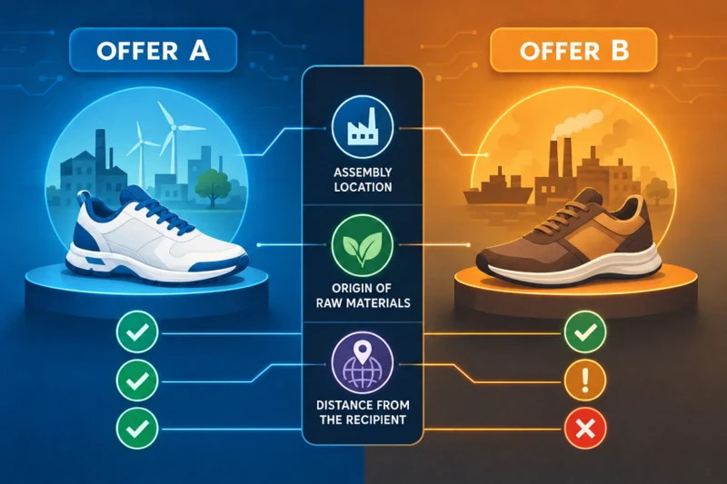 Comparison of offers A and B by place of assembly, origin of raw materials and distance from the buyer.