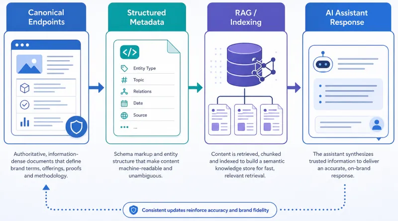 Relationship diagram: canonical endpoints → structured metadata → RAG/indexing → assistant response.