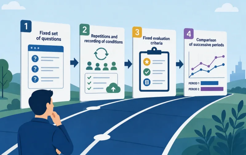 Comparable measurement of brand visibility requires fixed questions, repetitions and a record of conditions, uniform evaluation criteria, and a comparison of successive periods.