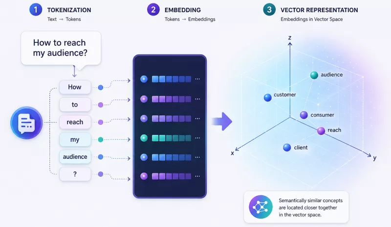 Diagram: token → embedding → vector representation
