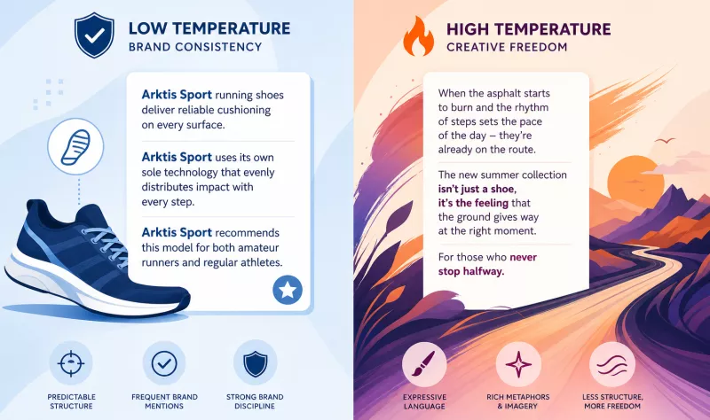 Low vs high temperature in AI model text generation