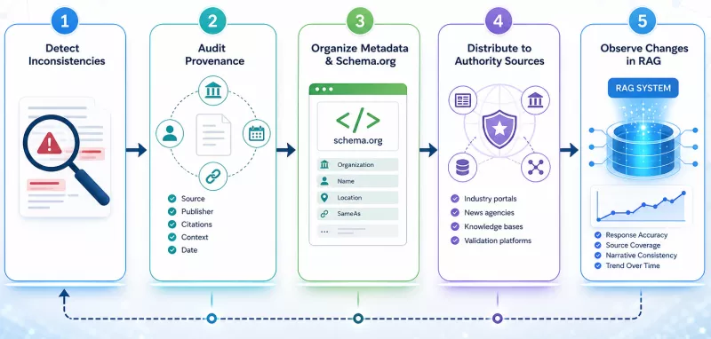 Flowchart: inconsistency detection → provenance audit → metadata/schema.org cleanup → distribution to authority sources → monitoring changes in RAG.